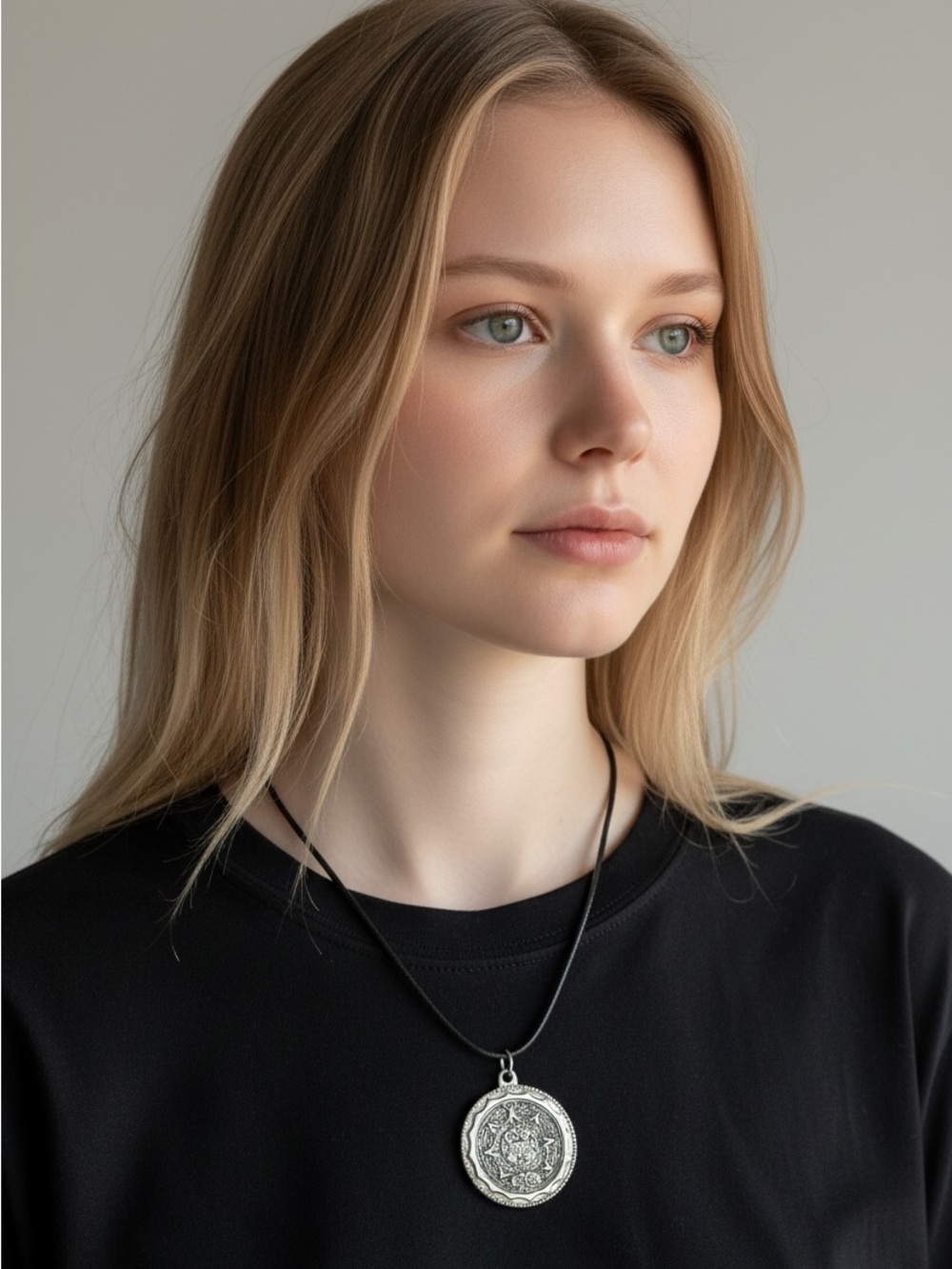 9/16 Silver Medallion Pendant Necklace on Black Cord - Women Jewelry